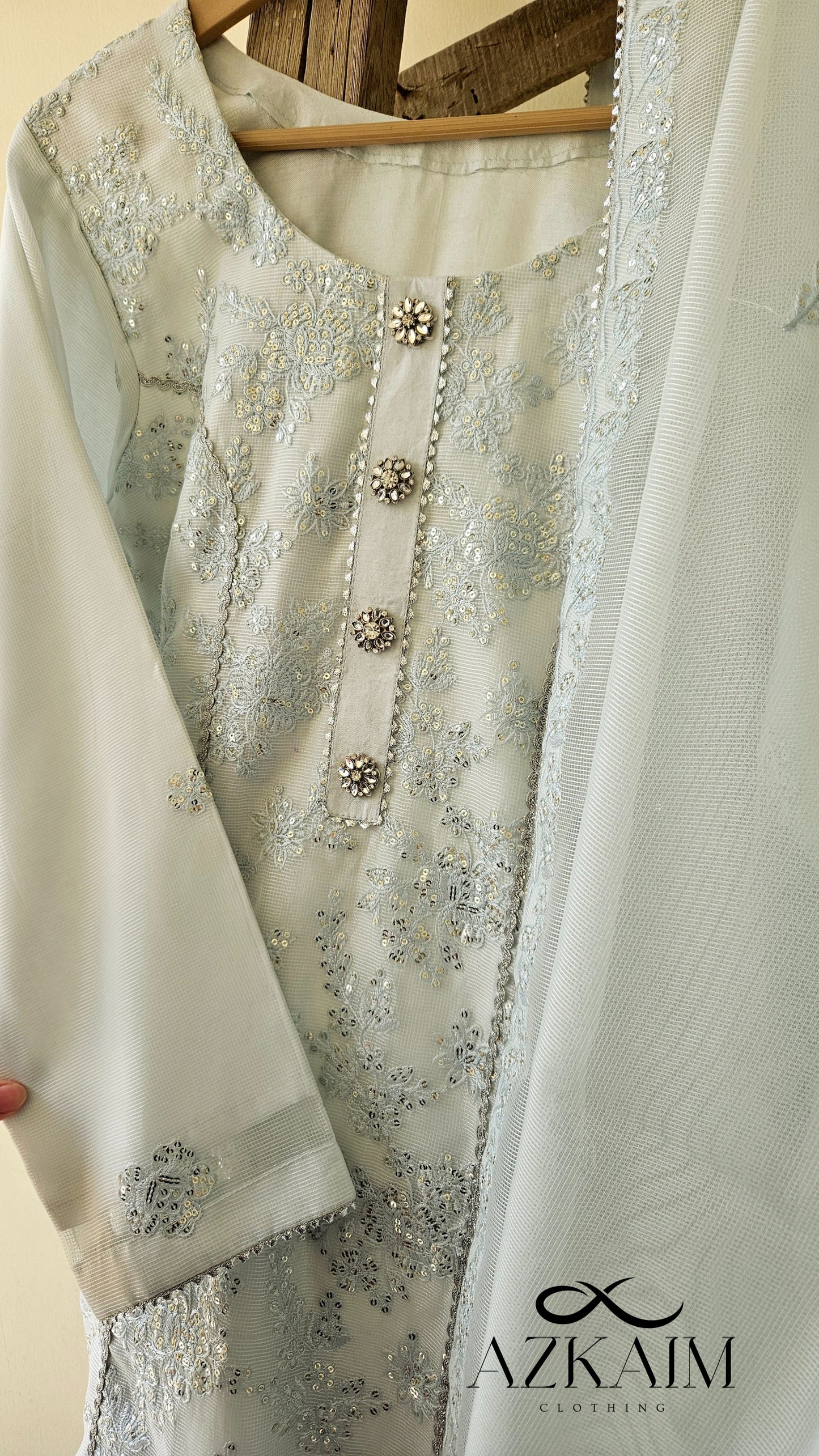 Ice Blue Sequin Work Khaadi Net - 3pcs