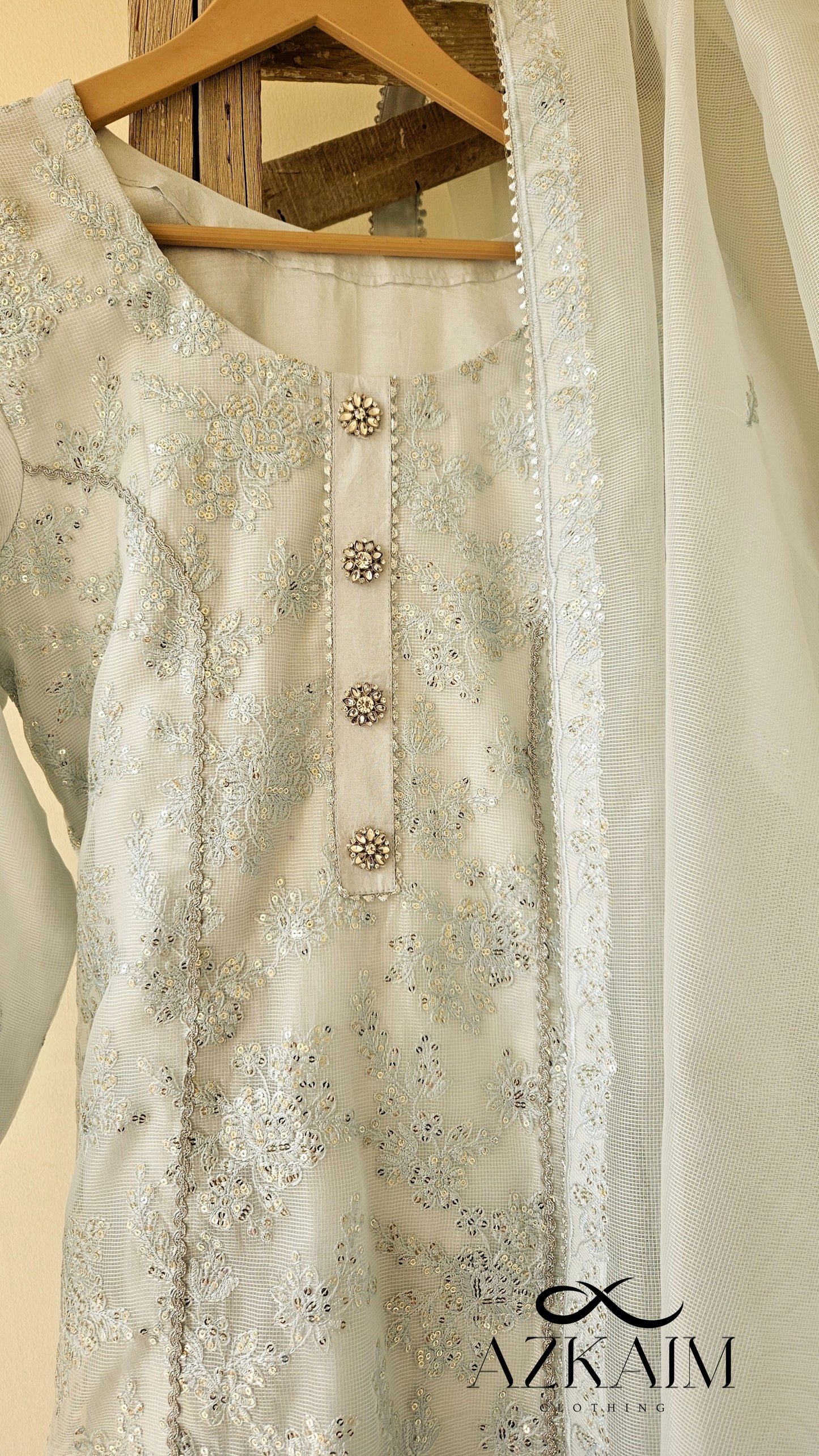 Ice Blue Sequin Work Khaadi Net - 3pcs