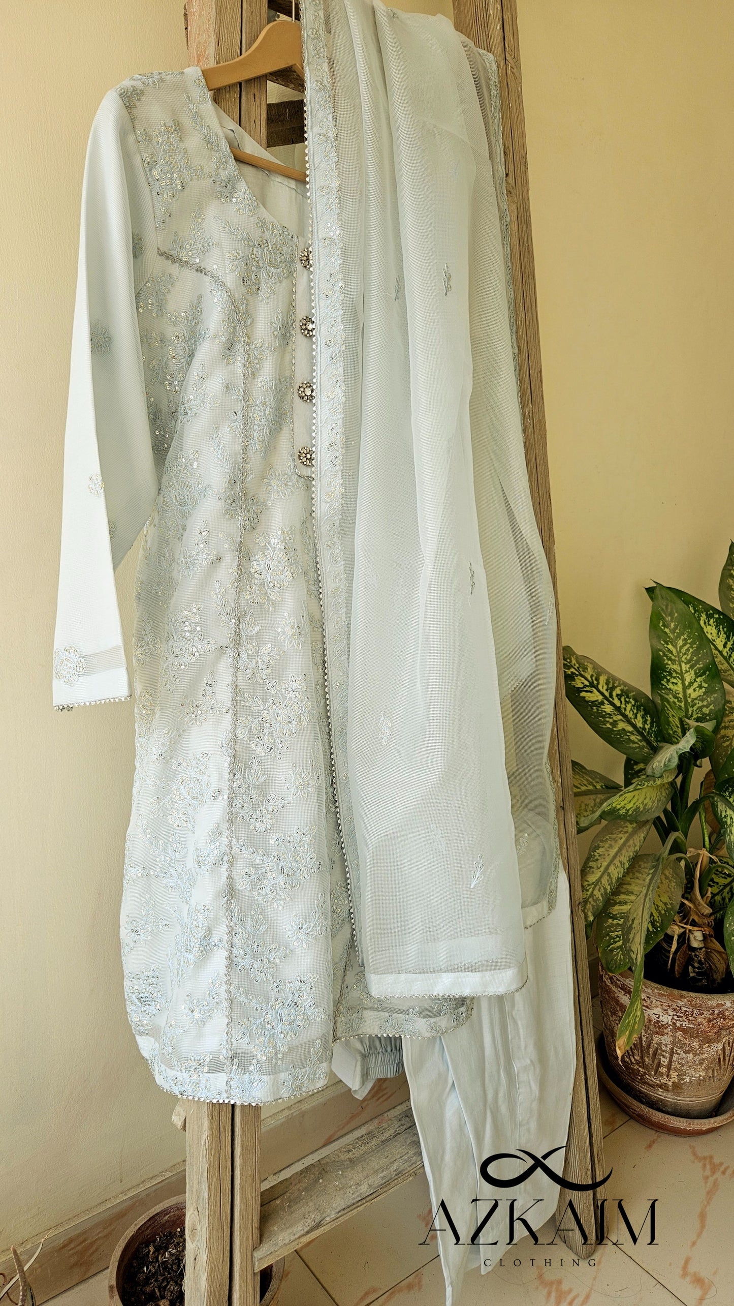 Ice Blue Sequin Work Khaadi Net - 3pcs