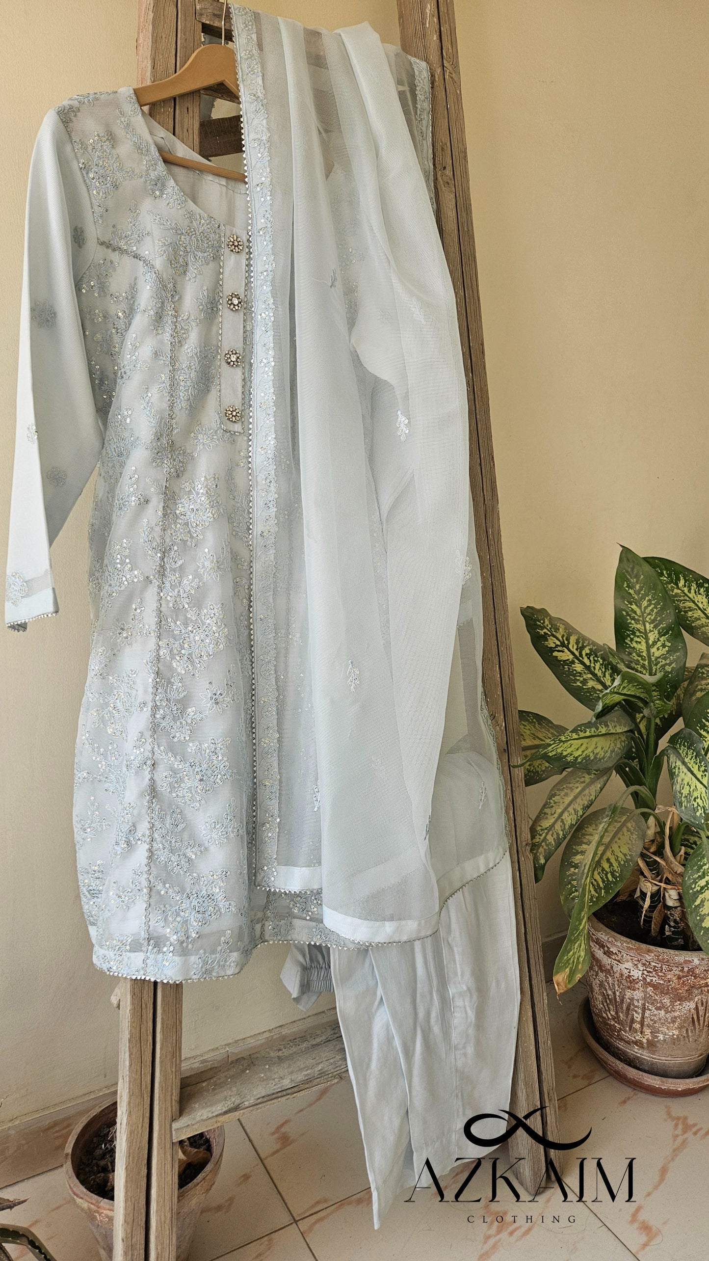 Ice Blue Sequin Work Khaadi Net - 3pcs