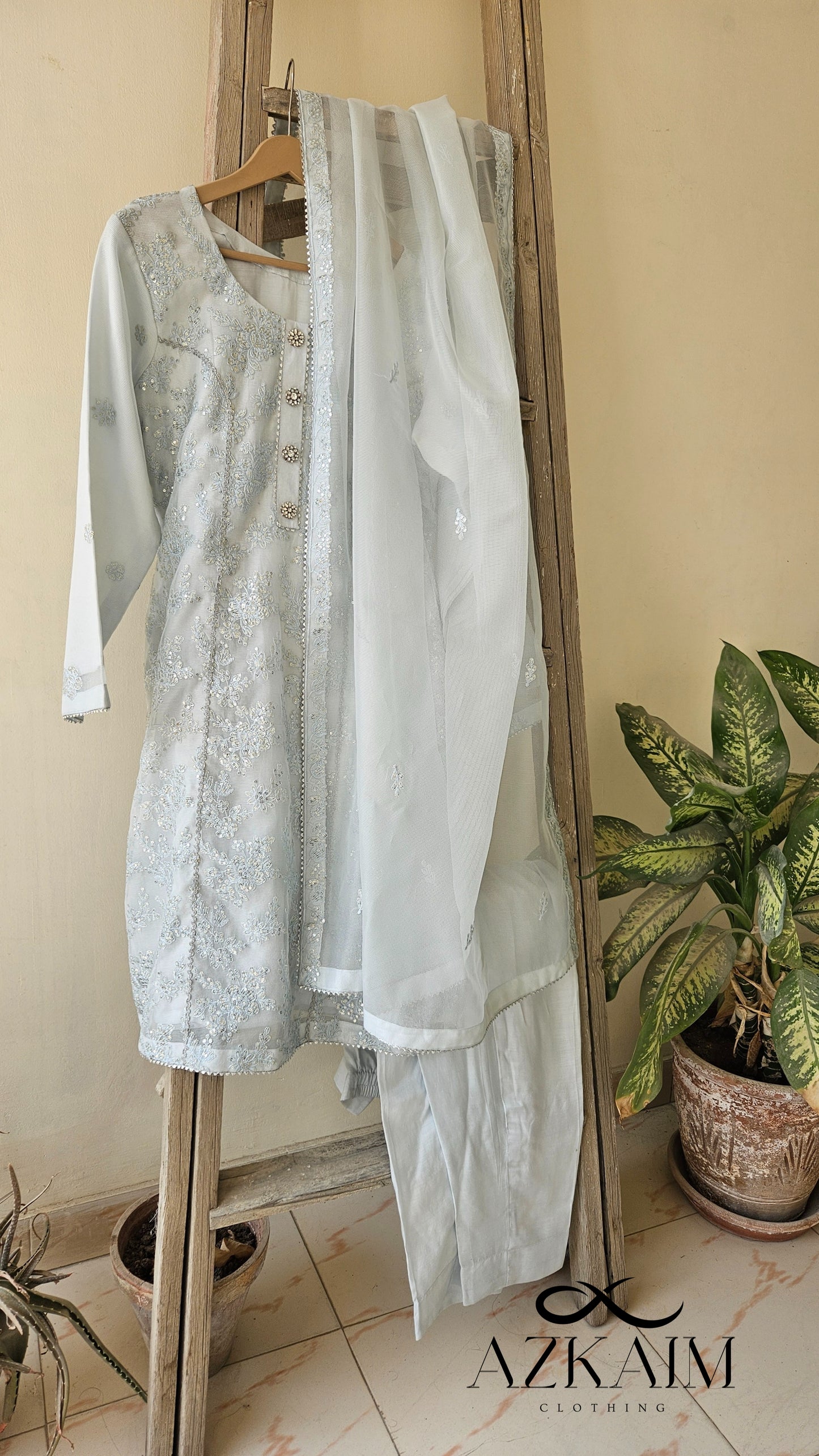 Ice Blue Sequin Work Khaadi Net - 3pcs