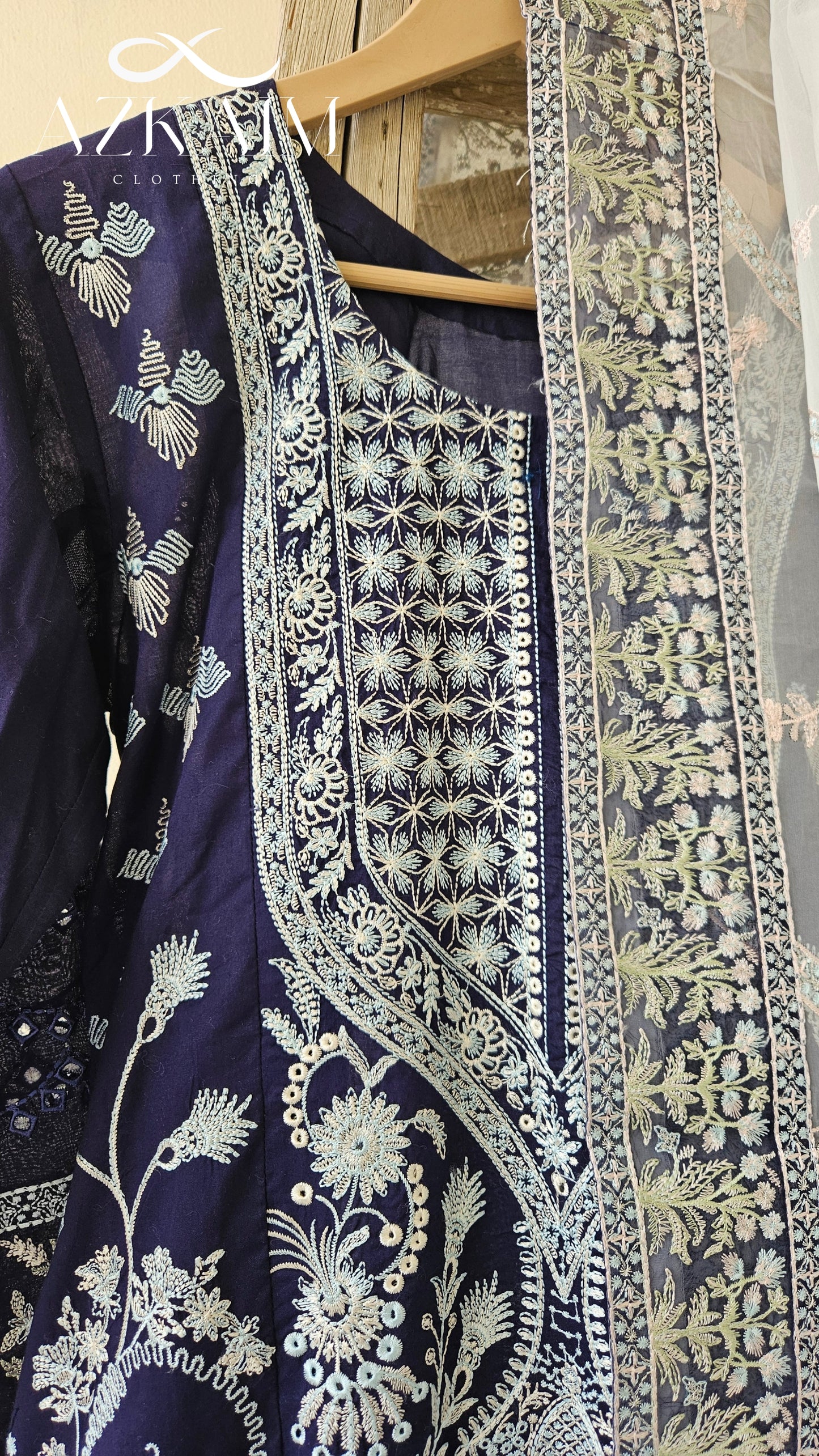 Navy Blue & White 3pcs Lawn Embroidered Dress