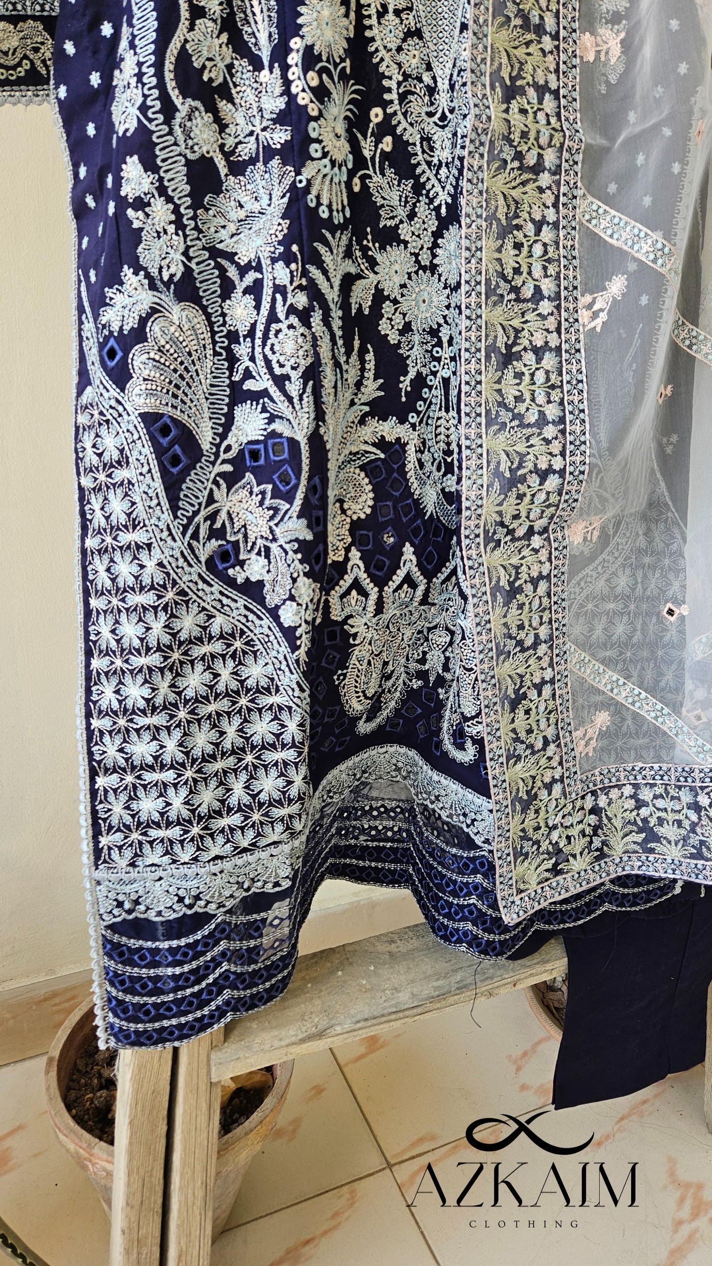 Navy Blue & White 3pcs Lawn Embroidered Dress