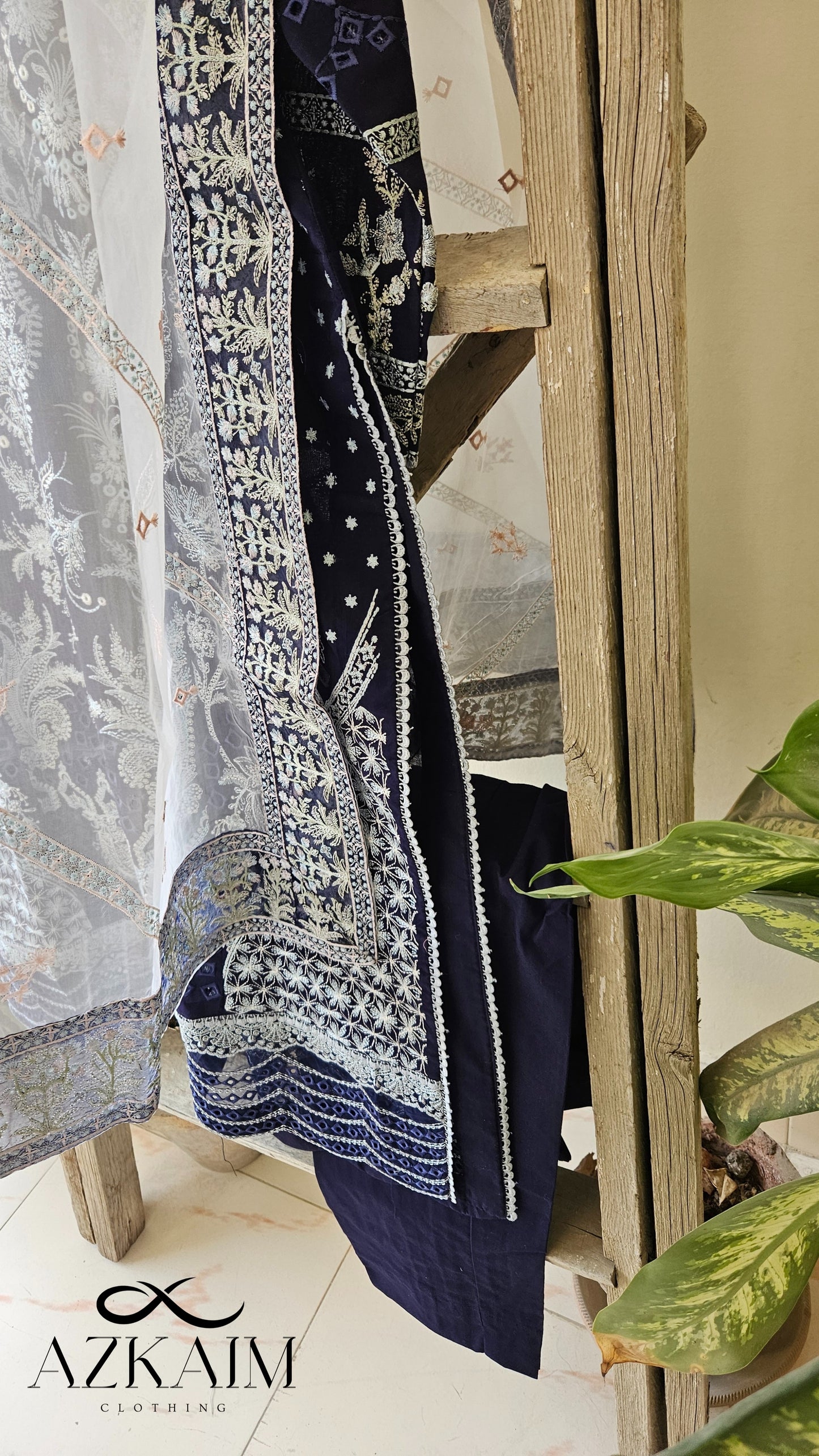Navy Blue & White 3pcs Lawn Embroidered Dress