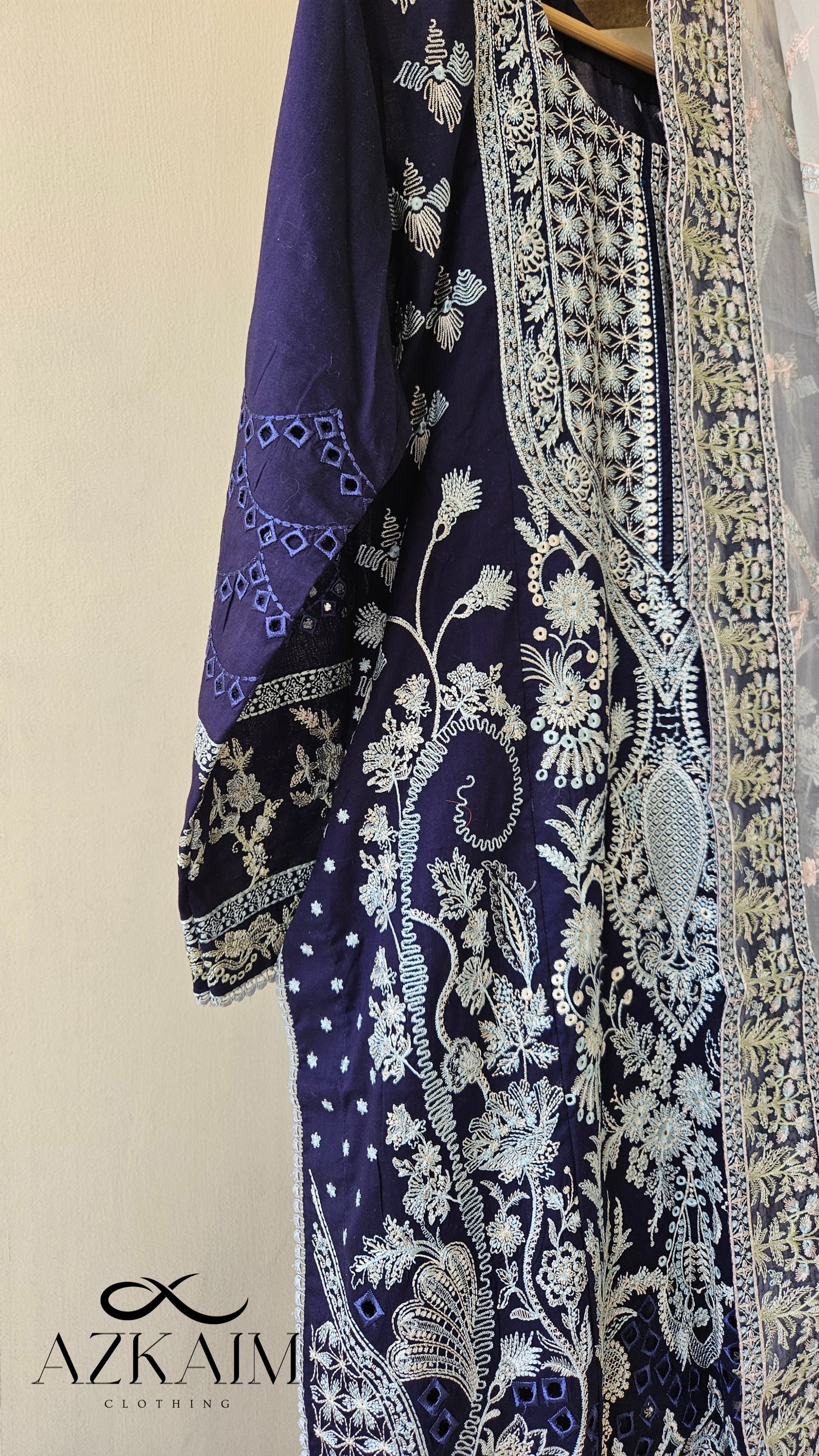 Navy Blue & White 3pcs Lawn Embroidered Dress