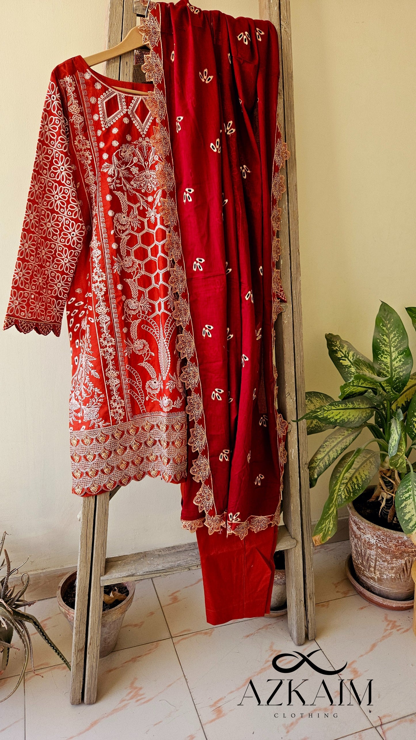 "Rustic Charm" Lawn Embroidered Dress - 3pcs