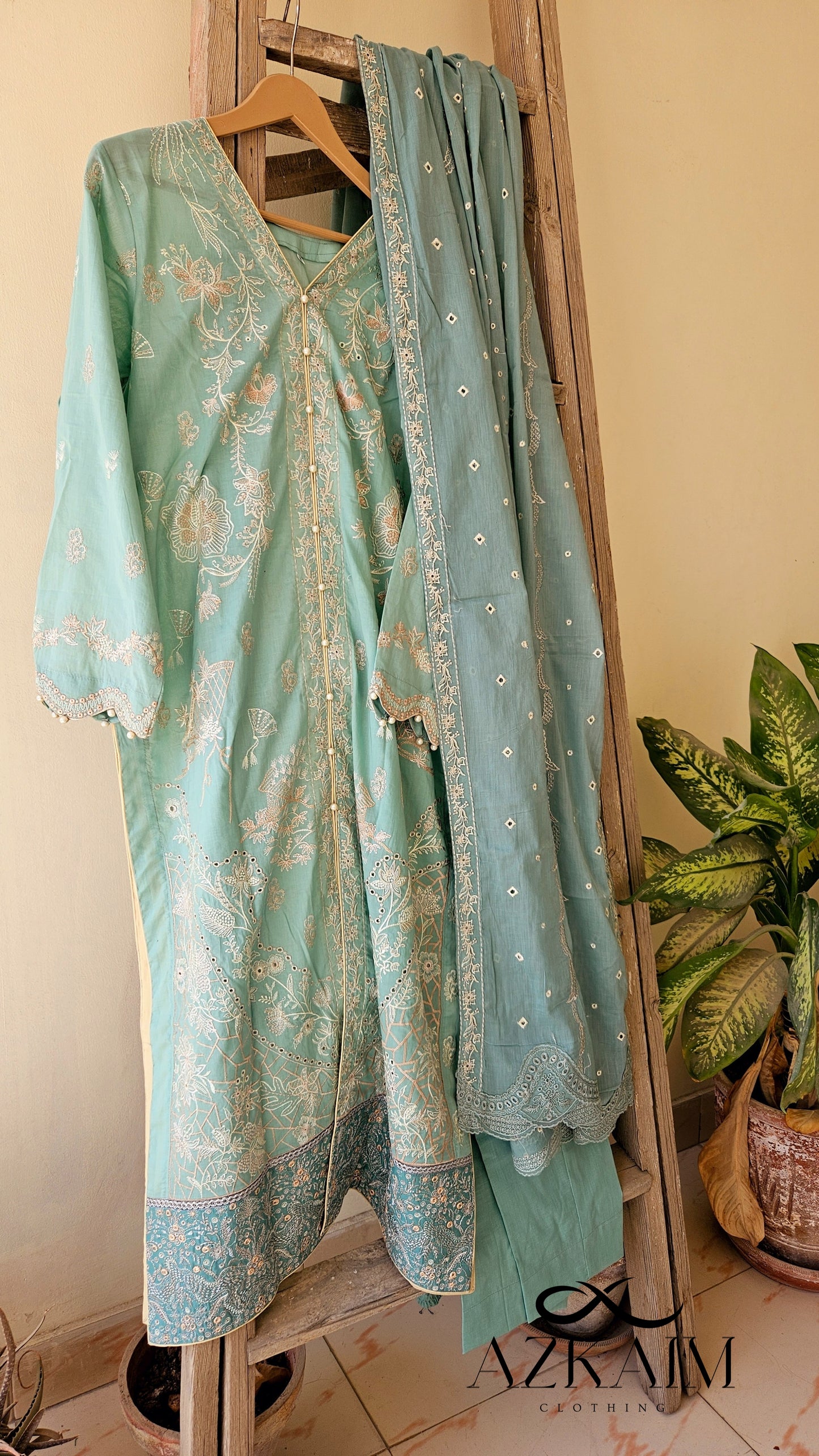 Pistachio Green Lawn Embroidered Dress - 3pcs
