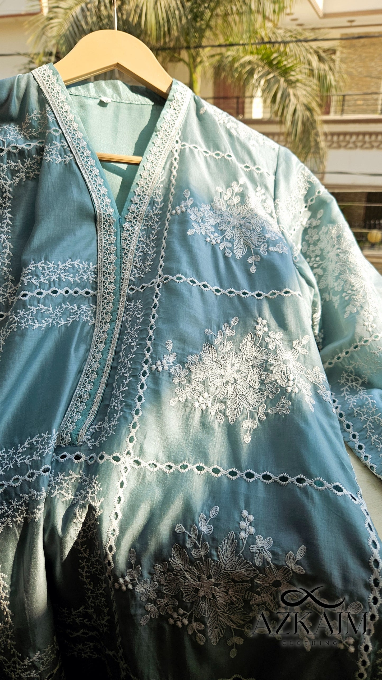 Teal Blue "Embroidered" Cut Work on Paper Silk - 2pcs