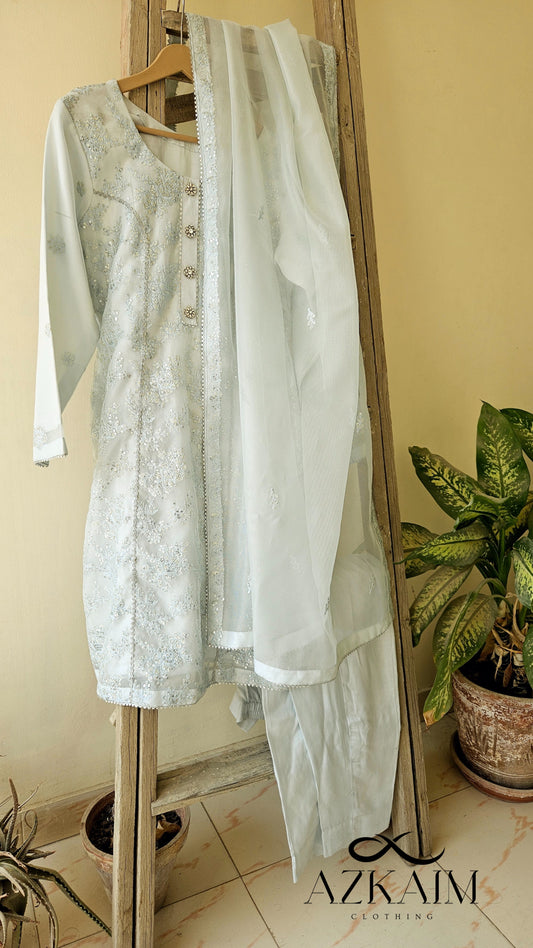 Ice Blue Sequin Work Khaadi Net - 3pcs