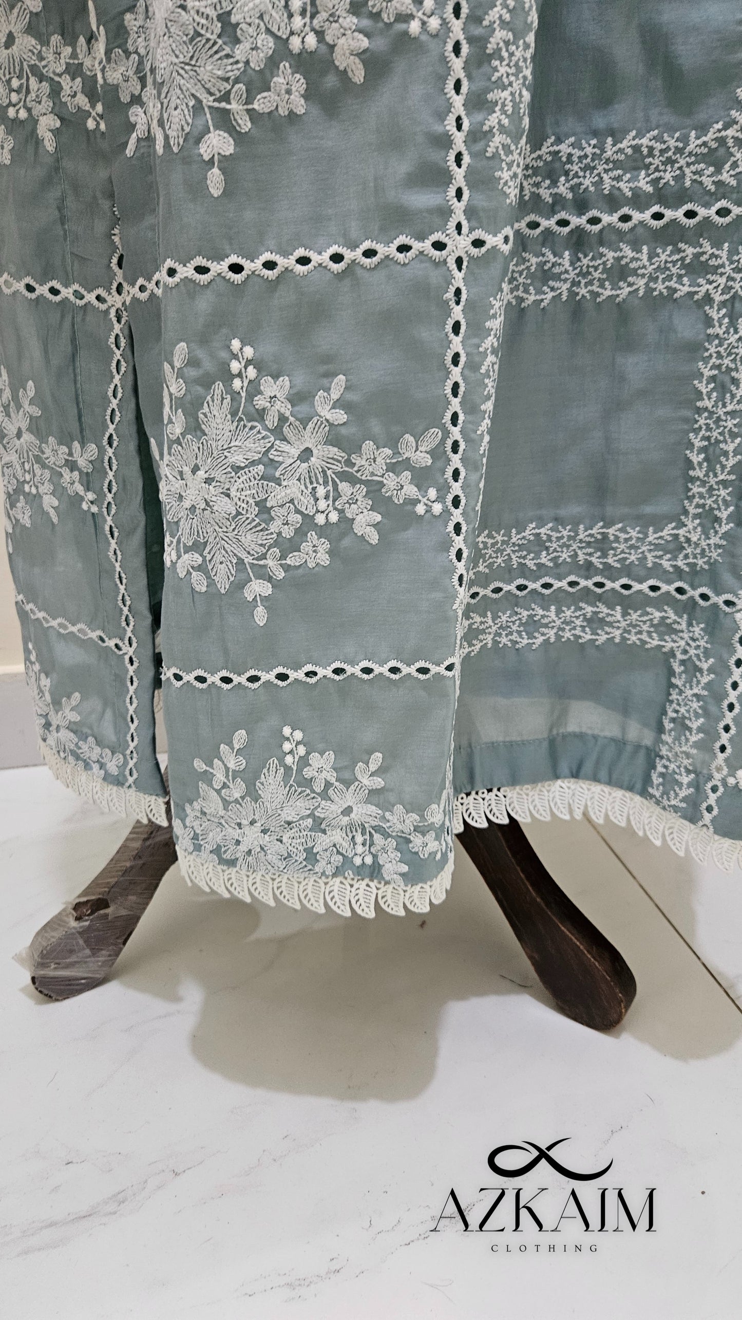 Teal Blue "Embroidered" Cut Work on Paper Silk - 2pcs