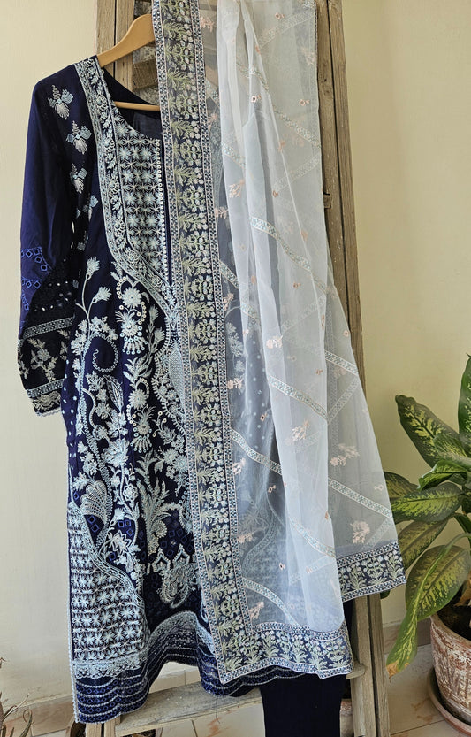 Navy Blue & White 3pcs Lawn Embroidered Dress