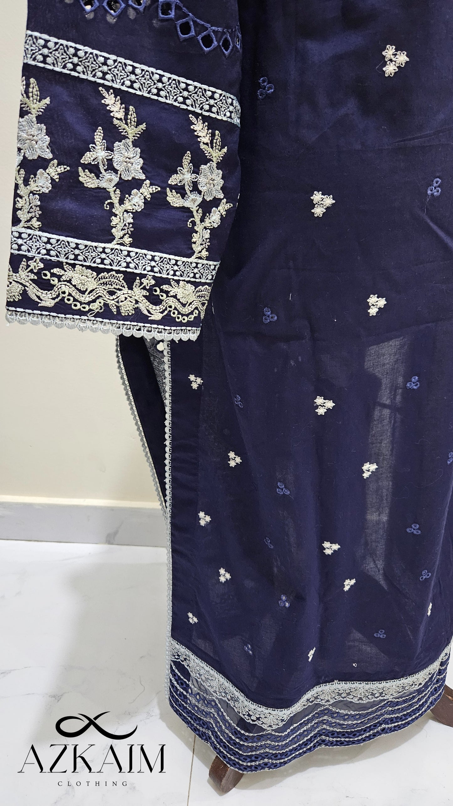 Navy Blue & White 3pcs Lawn Embroidered Dress
