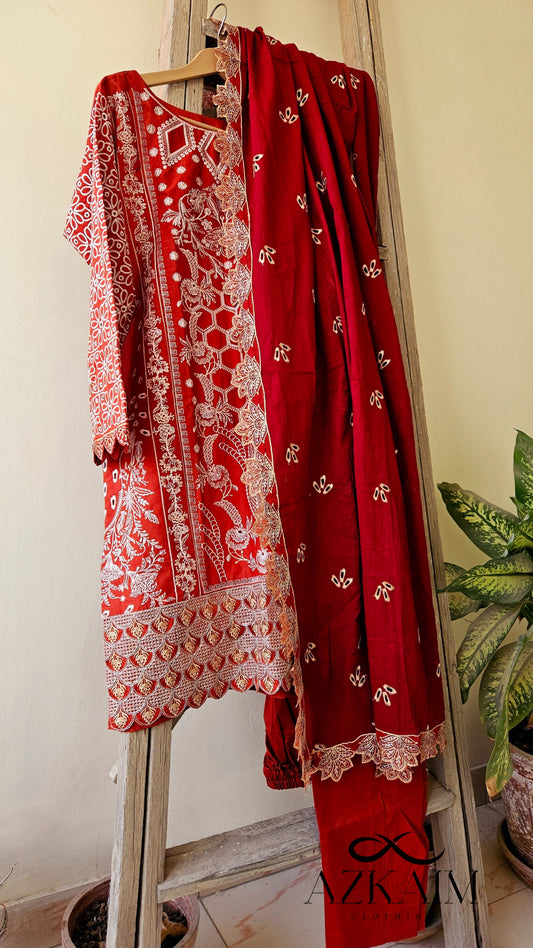 "Rustic Charm" Lawn Embroidered Dress - 3pcs