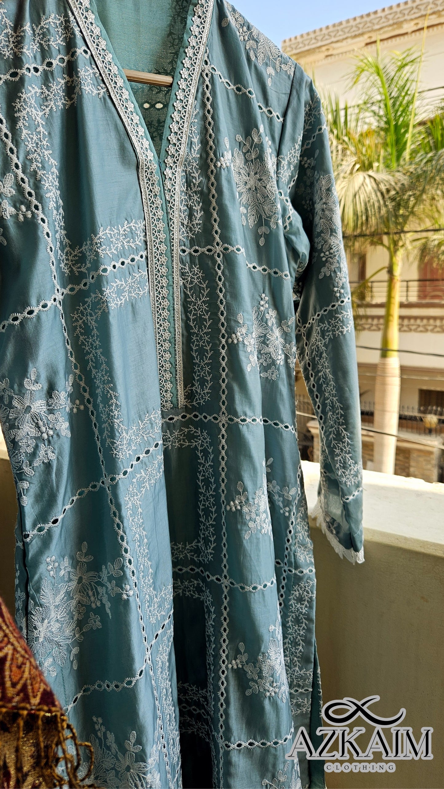Teal Blue "Embroidered" Cut Work on Paper Silk - 2pcs