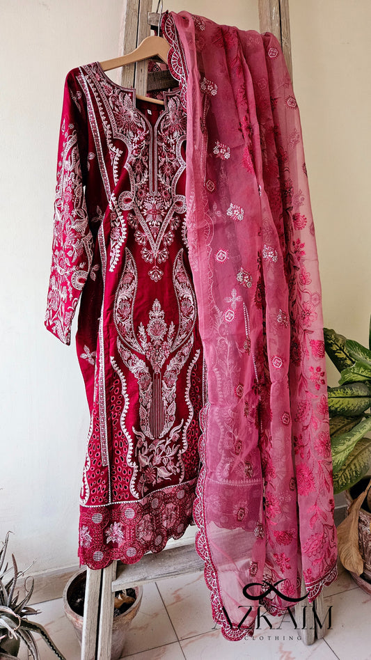 "Romantic Red" Lawn Embroidered Dress - 3pcs