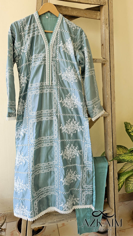 Teal Blue "Embroidered" Cut Work on Paper Silk - 2pcs