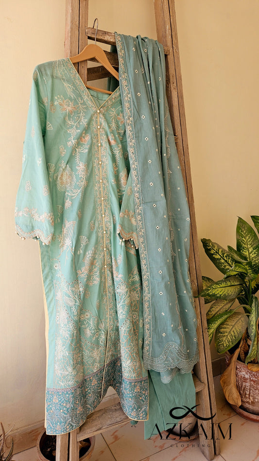 Pistachio Green Lawn Embroidered Dress - 3pcs